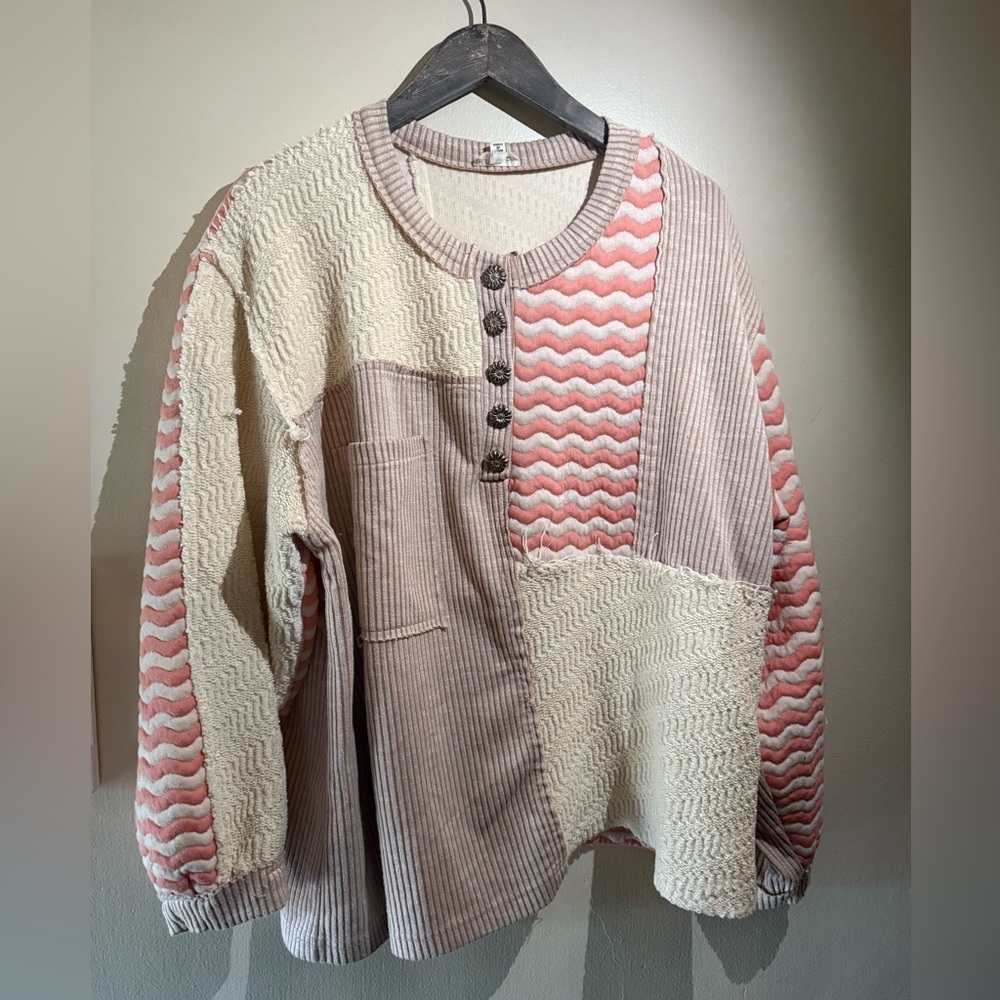 Pol Patchwork Button-Up Sweater - Cream And Pink - image 1